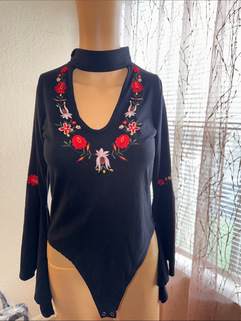Black Embroidered V-Neck Choker Floral Bodysuit